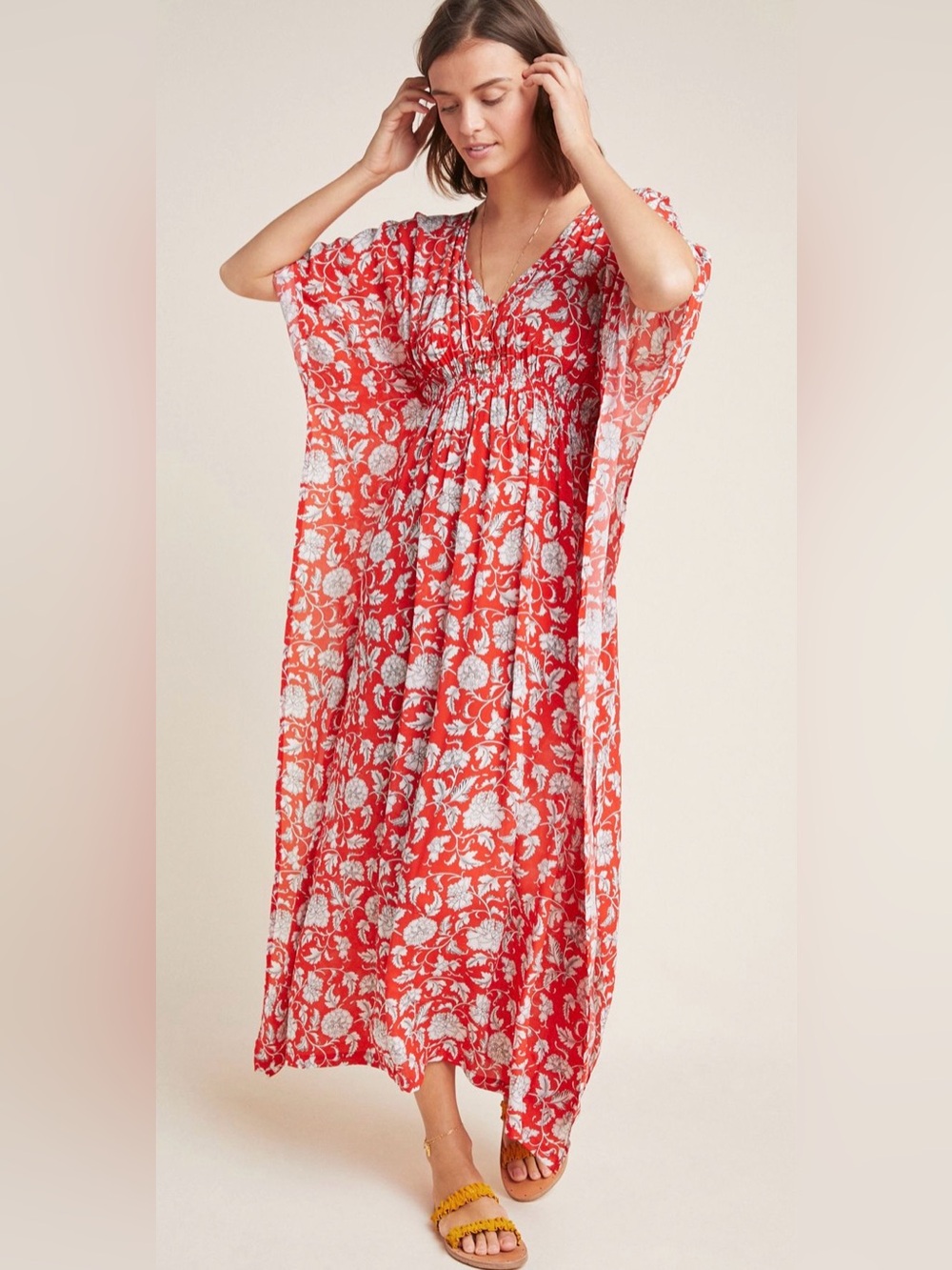 Anthropologie Juliet Caftan Sz S/M in Floral Red Beach Resort wear Overthrow NEW
